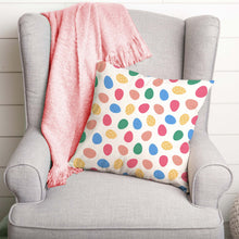 Load image into Gallery viewer, An Easter pillow cover on a chair featuring a pattern of colorful Easter eggs. The design is printed on both sides of the cover and is visible from any angle. The cover is made from high-quality, durable fabric and features a convenient zipper closure. It measures 18&quot;x18&quot; and fits standard pillow inserts.
