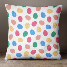 Load image into Gallery viewer, An Easter pillow cover featuring a pattern of colorful Easter eggs. The design is printed on both sides of the cover and is visible from any angle. The cover is made from high-quality, durable fabric and features a convenient zipper closure. It measures 18&quot;x18&quot; and fits standard pillow inserts.
