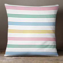 Load image into Gallery viewer, An Easter pillow cover featuring a pattern of colorful stripes in shades of pink, green, blue, and yellow. The design is printed on both sides of the cover and is visible from any angle. The cover is made from high-quality, durable fabric and features a convenient zipper closure. It measures 18&quot;x18&quot; and fits standard pillow inserts.
