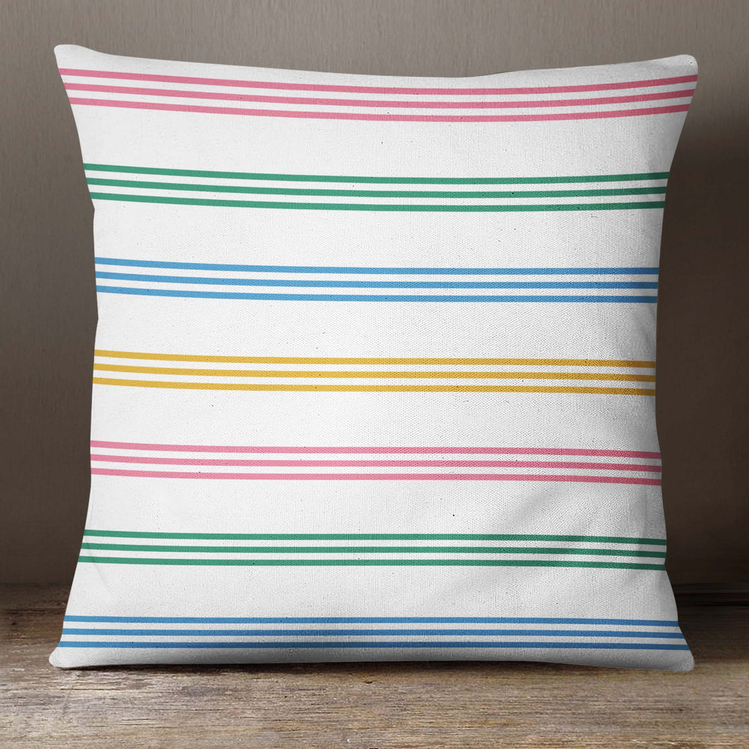 An Easter pillow cover featuring a pattern of colorful stripes in shades of pink, green, blue, and yellow. The design is printed on both sides of the cover and is visible from any angle. The cover is made from high-quality, durable fabric and features a convenient zipper closure. It measures 18