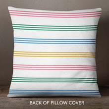 Load image into Gallery viewer, An Easter pillow cover featuring a pattern of colorful stripes in shades of pink, green, blue, and yellow. The design is printed on both sides of the cover and is visible from any angle. The cover is made from high-quality, durable fabric and features a convenient zipper closure. It measures 18&quot;x18&quot; and fits standard pillow inserts.
