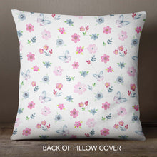 Load image into Gallery viewer, The back of the pillow cover features a purple and blue floral pattern with some butterflies.
