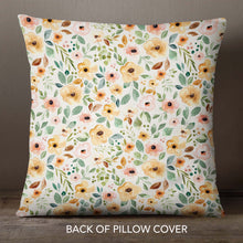 Load image into Gallery viewer, The back of an Easter pillow cover featuring a spring floral pattern in pastel shades of pink, yellow, and green. The cover is made from high-quality, durable fabric and features a zipper closure. It measures 18&quot;x18&quot; and fits standard pillow inserts.
