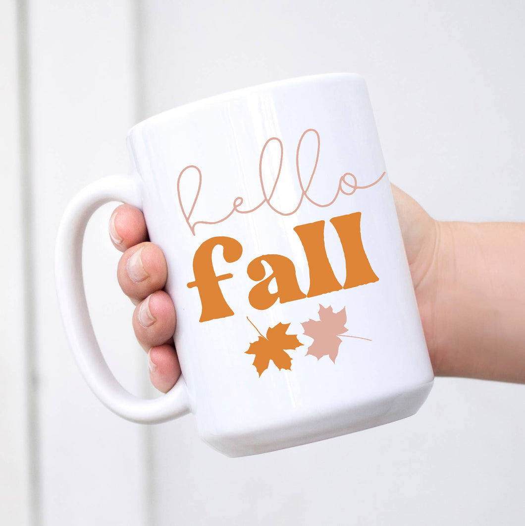 Hello Fall w/ Leaves <br> 15oz Ceramic Mug